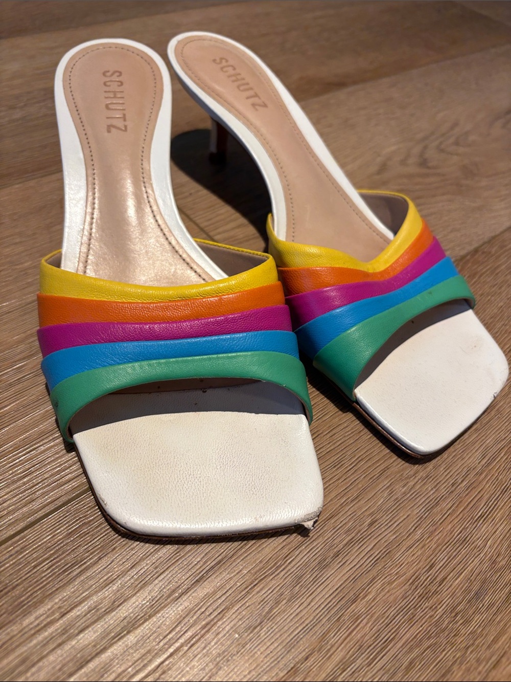 SCHUTZ Rainbow & white mule slides with dust bag